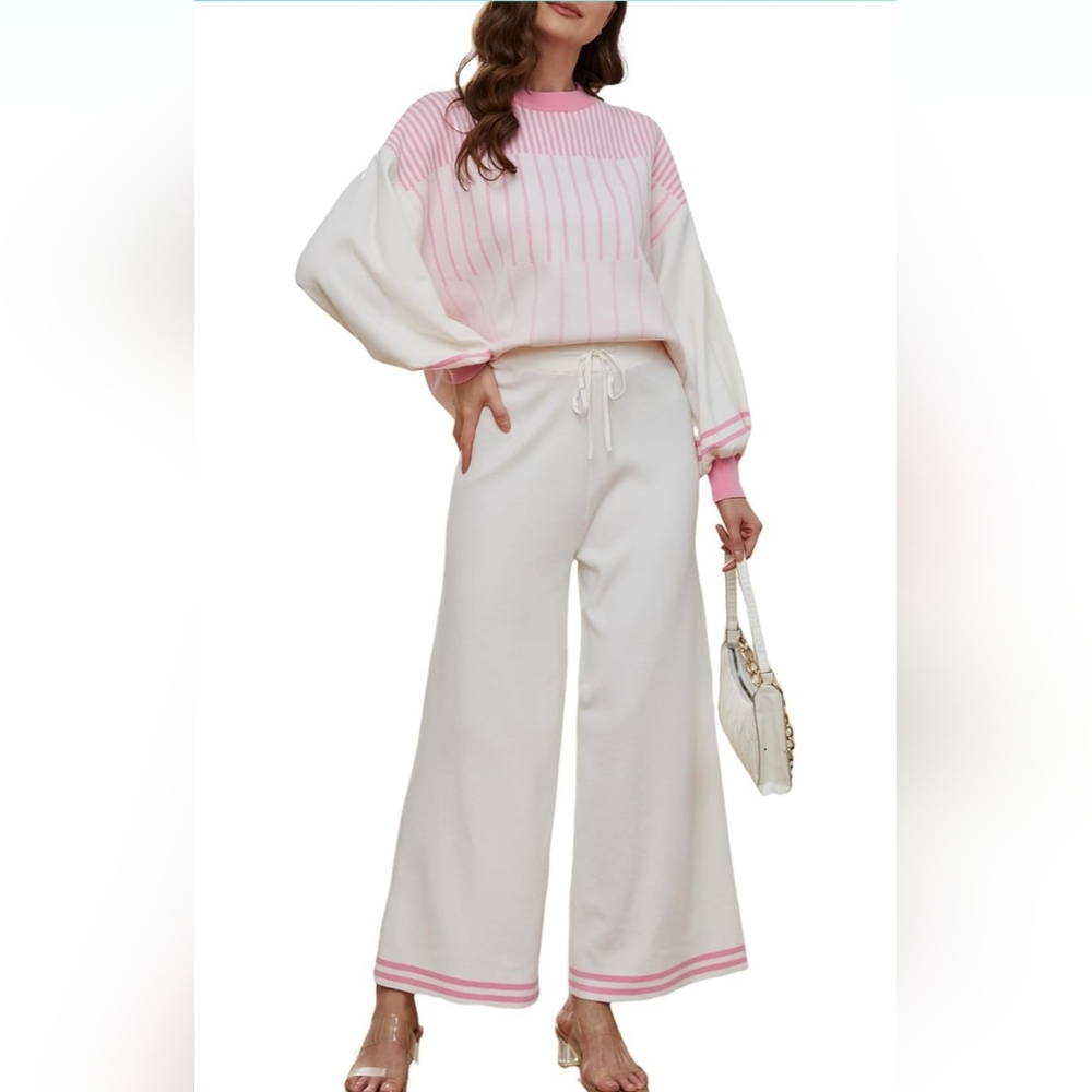 Evaless Women Striped 2 Piece Outfits Sweatsuits Long Sleeve Sweater Pullovers P